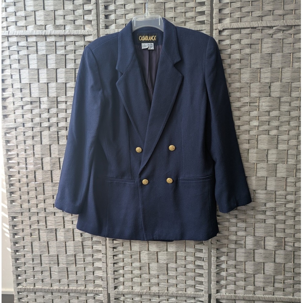 Vtg 90s Blazer Navy Blue Wool Double Breasted Gold Button Sz 12 Old Money